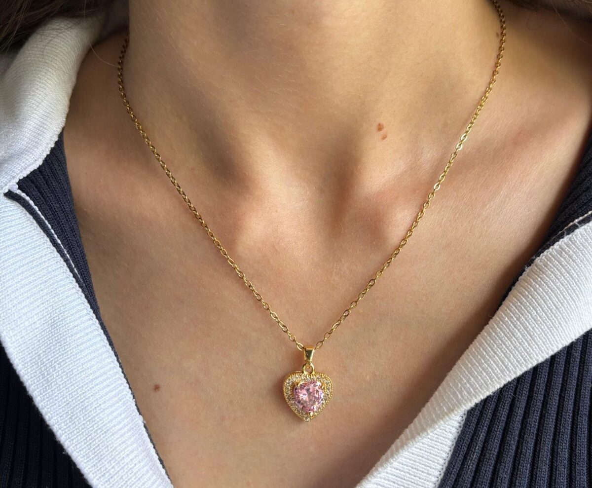 Pembe Kalp Taşlı Kolye - Görsel 1